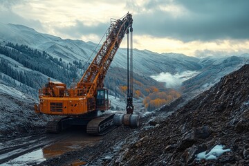 A large orange excavator working in a snowy mountainous terrain, with the machinery's arm extended and a large metal pipe near the ground.