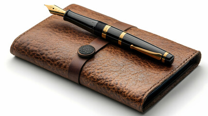 Elegant Gold & Black Fountain Pen Photo on Leather Notebook