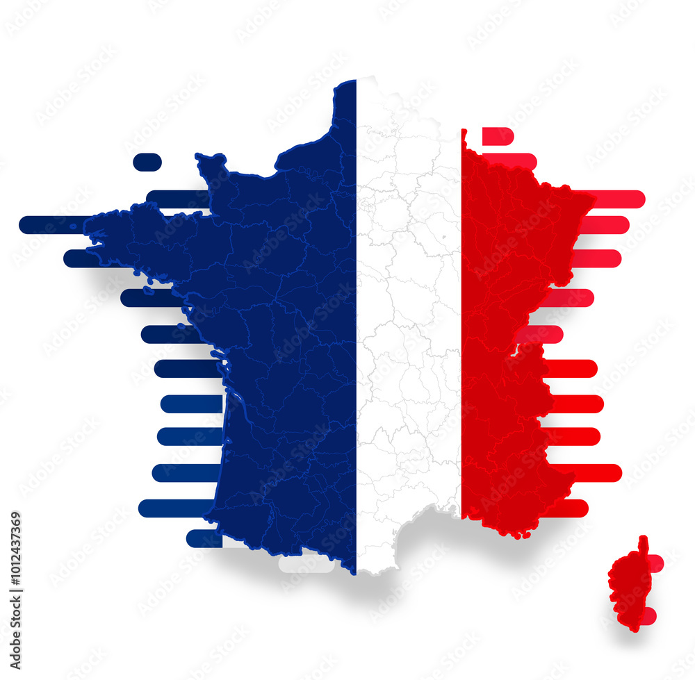 Wall mural creative rounded lines map of France, french flag color style design, blue white red, silhouette map symbol icon, isolated