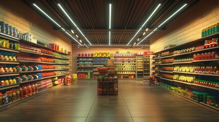 Brightly lit grocery store aisle with organized shelves