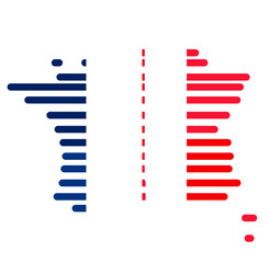 creative rounded lines map of France, french flag color style design, blue white red, silhouette map symbol icon, isolated