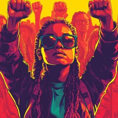Obraz premium Young Woman with Raised Fist in a Crowd of Protesters