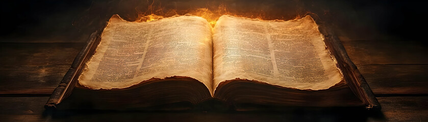 Obraz premium Illustration of an Ancient Book with Glowing Pages on Rustic Wood