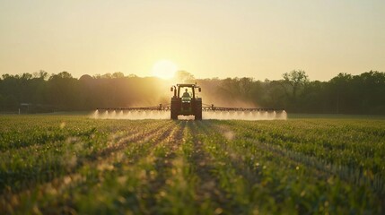 Fototapeta premium Tractor Spraying a Field of Crops at Sunset