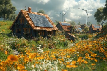 A picturesque village with solar panels and wind turbines nestled amidst a field of wildflowers, showcasing a sustainable and harmonious living environment.