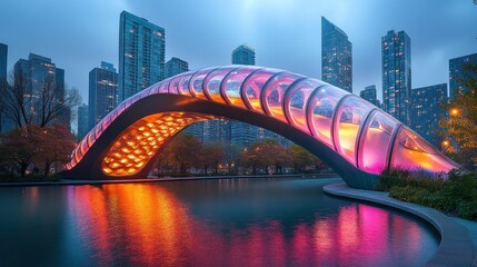 Obraz premium A modern, illuminated pedestrian bridge with a unique curved design spans a reflecting pool in a city park, surrounded by tall buildings and autumnal trees.