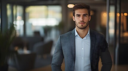 Fototapeta premium A young man in a grey blazer and blue shirt, standing in a modern office setting, looking directly at the camera.