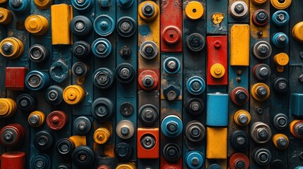 A wall covered in colorful, various-sized, round and rectangular metal pieces.