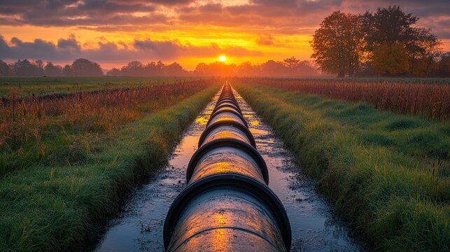 A large pipeline runs through a field with a misty sunrise in the background.