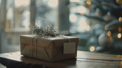 Fototapeta premium Cozy Gift with Greenery on Wooden Table