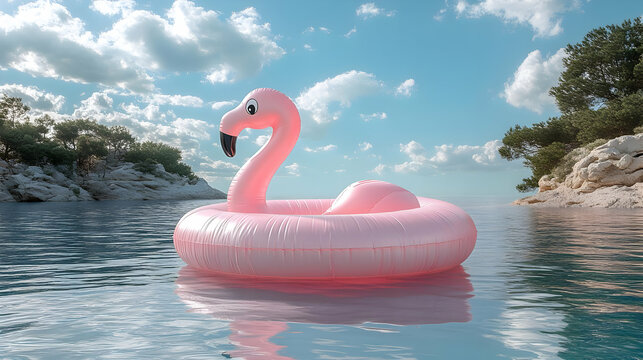 Pink Flamingo Float on Calm Blue Water - 3D Render
