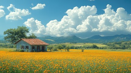 A small house stands in a field of yellow flowers under a blue sky with white clouds, with rolling hills and a mountain range in the background.