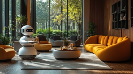 A white robot waiter serves drinks in a modern living room with large windows and a comfortable sofa.