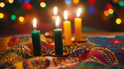 Lit Candles on Colorful Fabric with Bokeh Lights