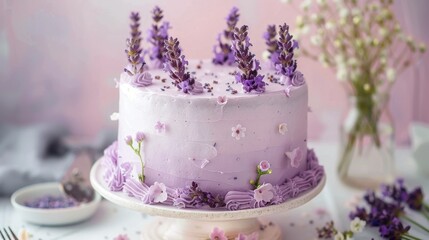 Fototapeta premium Elegant Lavender Floral Cake on Dessert Table