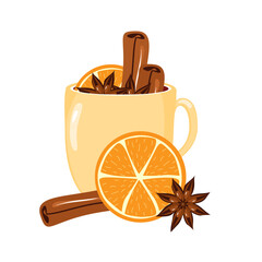 Illustration with cup of mulled wine with orange, cinnamon, anise cozy autumn or winter vector illustration hot drink Christmas mood 
