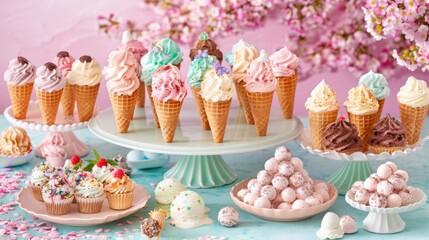 Colorful Ice Cream Cones and Sweet Treats Display