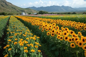 Rows of sunflowers and yellow flowers in a field with mountains in the background.
