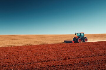 Fototapeta premium A red tractor plows a field of dirt under a clear blue sky.