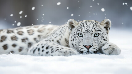 A solitary snow leopard cub rests on a rocky outcrop, its fur blending seamlessly with the snowy landscape