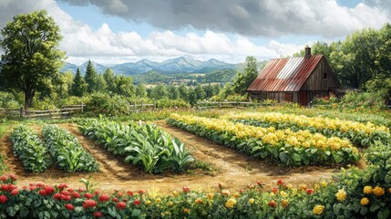 A rustic wooden barn with a red roof sits on a hill overlooking a garden with rows of flowers and vegetables. The garden is surrounded by a wooden fence and there are mountains in the background.