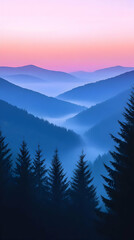 Blue Hour Mountain Valley Illustration - Misty Forest Landscape