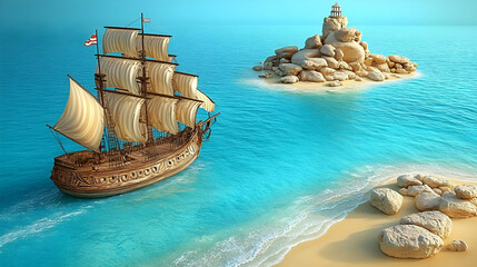 Sailing Ship Approaching a Small Island with a Lighthouse