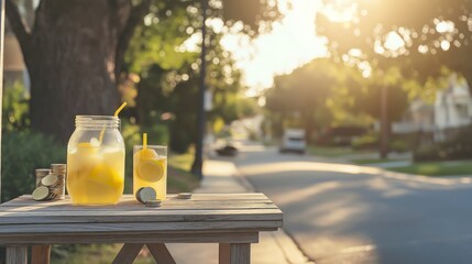 Lemonade stand on sidewalk, jar of coins showcasing entrepreneurship spirit. AI generated