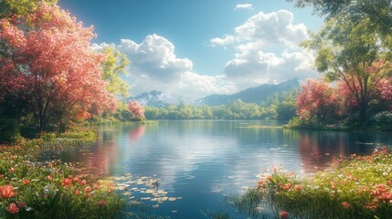 A serene lake surrounded by lush greenery and blooming flowers, with majestic mountains in the background, bathed in the warm glow of the sun.