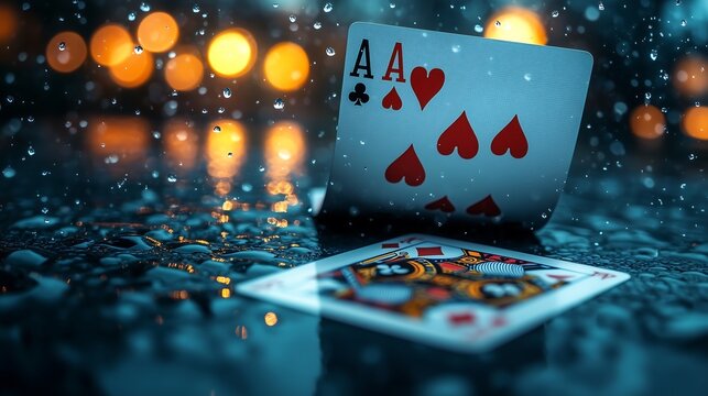 Antique gambling den: Worn aces on dark table
アンティークギャンブル場：暗いテーブルに置かれた使い込まれたエース.Generative AI