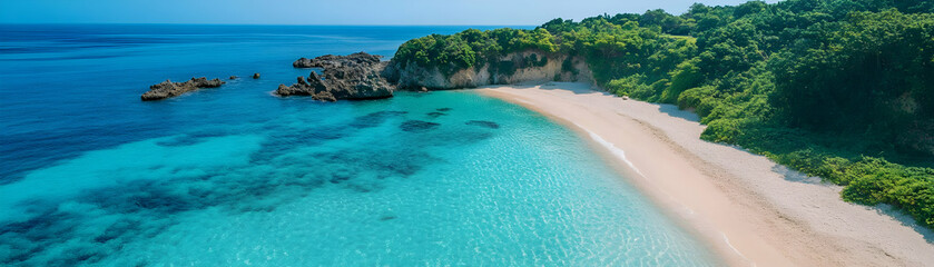 Secluded Tropical Beach Photo - Turquoise Water, White Sand, and Lush Green Cliffs
