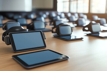 Fototapeta premium Modern classroom setup with digital tablets and VR headsets on desks, emphasizing technology-enhanced learning and innovation.