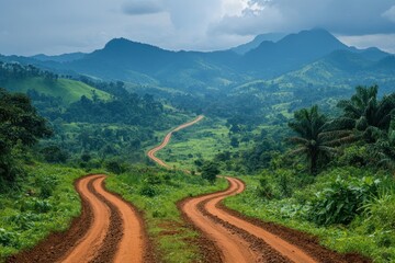Fototapeta premium A winding dirt road leads through a lush green valley with distant mountains in the background.