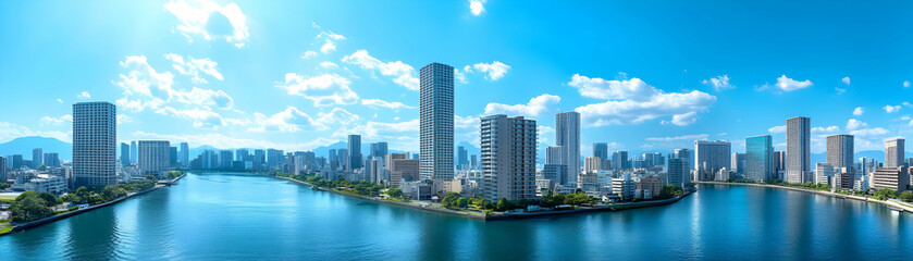 Fototapeta premium Modern Cityscape Photo - Urban Skyline with Blue River and Sky