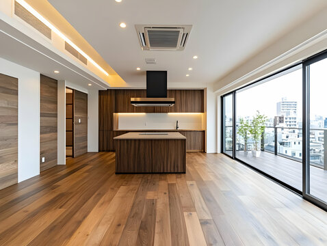 Modern Kitchen Interior Photo - Hardwood Floors, Island Countertop, City View