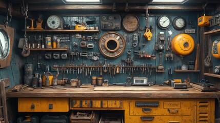 A vintage workbench with a collection of tools, clocks, and other objects on a blue wall.