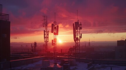 Naklejka premium Sunset View Over Communication Towers in Cityscape