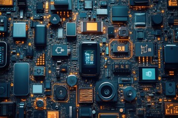 A close-up of a circuit board with a variety of electronic components, including a smartphone, a camera, and a microphone. The board is lit up with orange and blue lights, giving it a futuristic look.