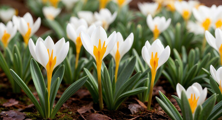 Fototapeta premium White saffron crocus flowers background