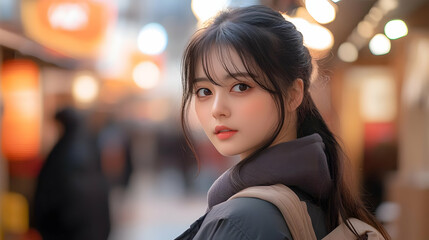 Photo, Young Woman with Dark Hair in Ponytail Looking Over Shoulder