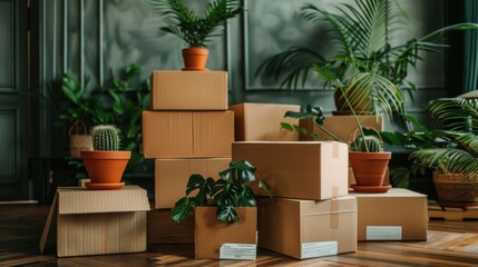 Modern Indoor Storage with Plants and Cardboard Boxes
