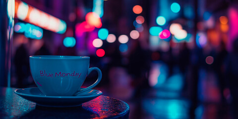 Blue mug with the sign Blue Monday in the background of the night lights of a city