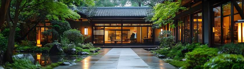 Tranquil Japanese Garden Photo at Twilight with Pathway and Tea House