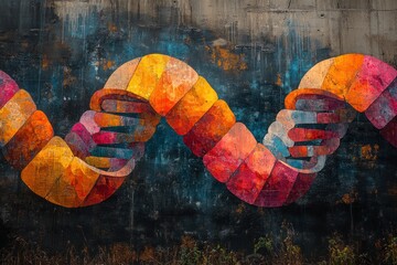 A colorful, abstract graffiti mural on a concrete wall, depicting two hands clasped together in a handshake, symbolizing unity and connection.