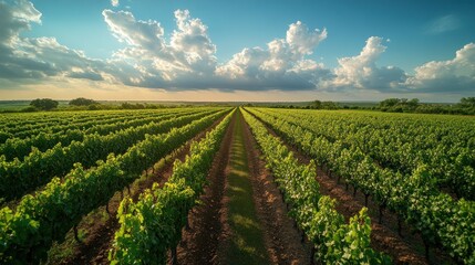 A vast vineyard with rows of grapevines stretching towards a bright blue sky with fluffy clouds.
