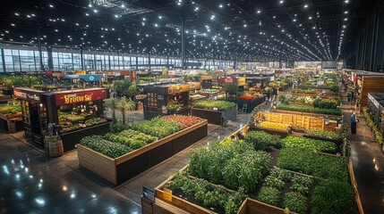 A large indoor market with many stalls selling plants and fresh produce.