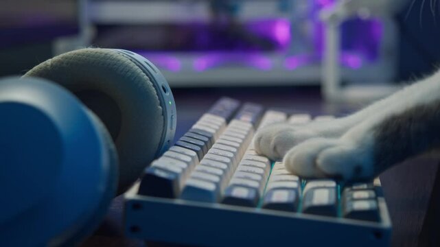 Close-up shot of a cute white cat's paws typing on a white keyboard with neon evening lighting.
