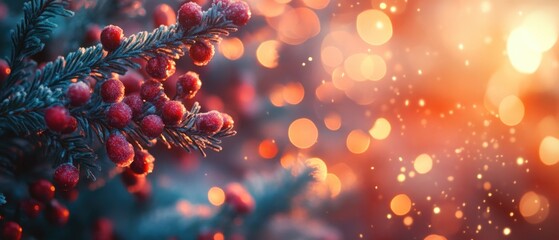 Cherry red berries on evergreen branches at sunset