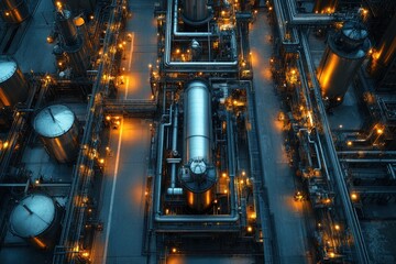 Aerial view of a chemical plant at night with illuminated pipes, tanks and machinery.