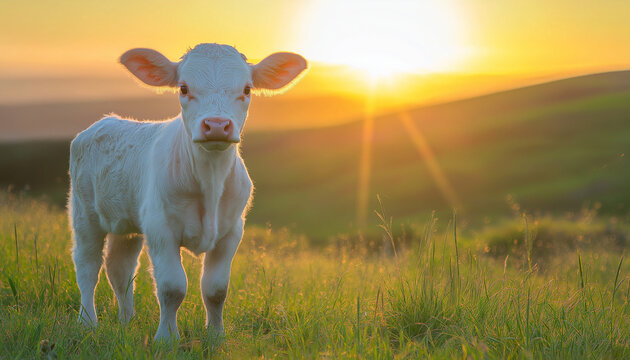 Adorable White Calf at Sunset on Rolling Green Pasture, A young, white calf stands in a lush green field, bathed in the golden light of a setting sun. The scene is idyllic and peaceful, showcasing rur